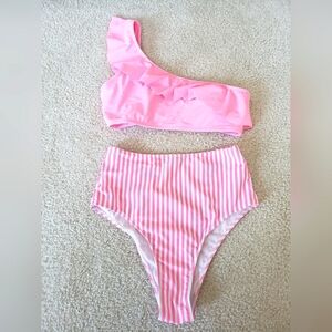 Pink & White Stripe Ruffled One-Shoulder Bikini Set (New)